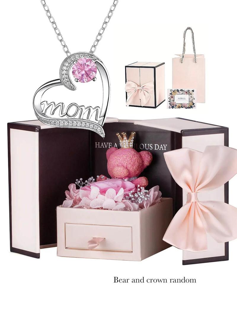 Elegant Heart Shaped Rhinestone Decor Pendant Necklace with Flower Rose Box, Fashionable Heart Design Necklace for Women, Elegant Jewelry for Wedding Party, Accessories, Valentine's Day, Gifts for Her, Mother's Day Gifts, Gift Set for Mothers, Love