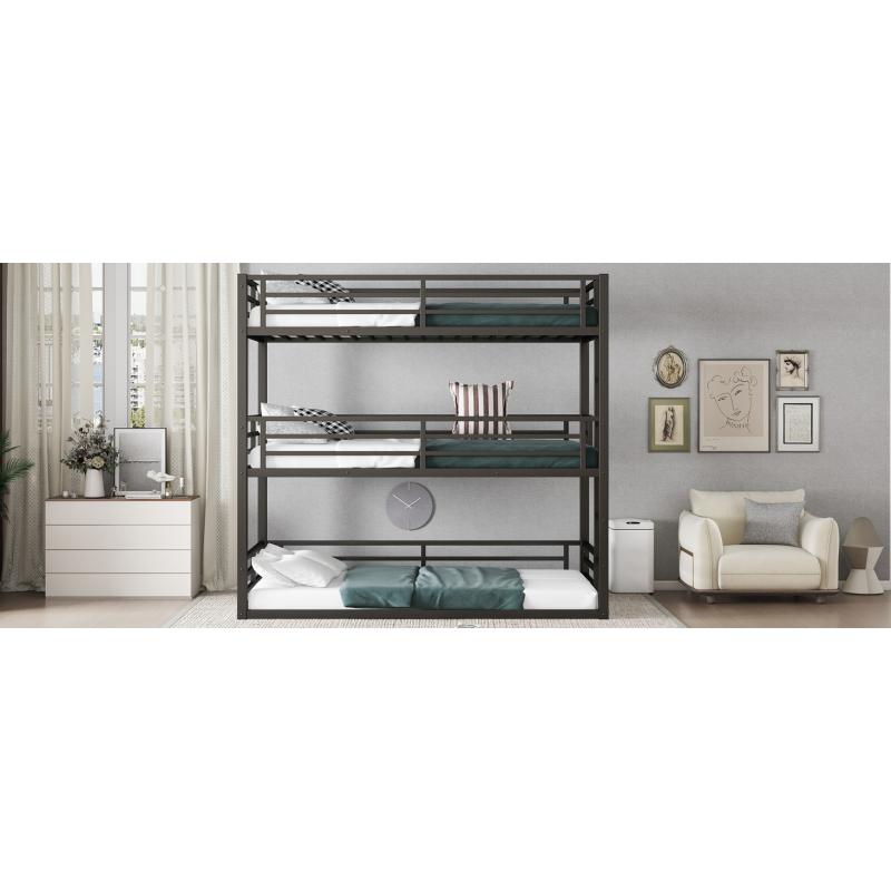 Twin  over Twin  over Twin  Bunk Bed, Metal Triple Bunk Bed with Safety Guardrails, Heavy-duty Bunk Bed with Noise-reduced Design, Black
