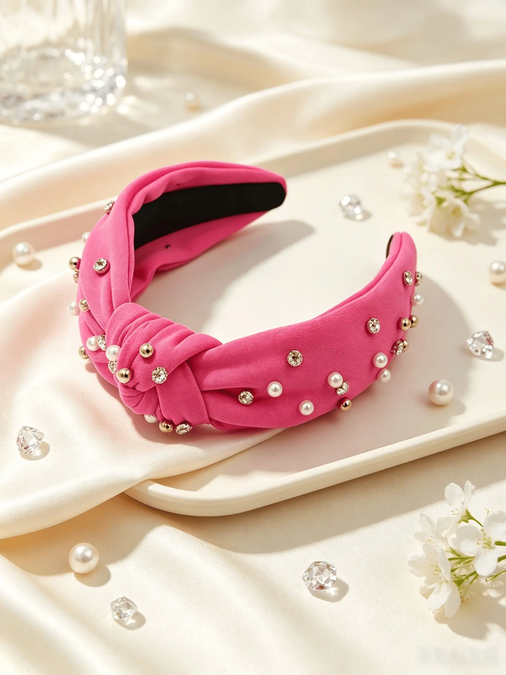 Fashion Baroque Sweet Elegant Hairband, Pearl Rhinestone Polyester Knot Design, Versatile Headband for Daily Events, All Seasons
