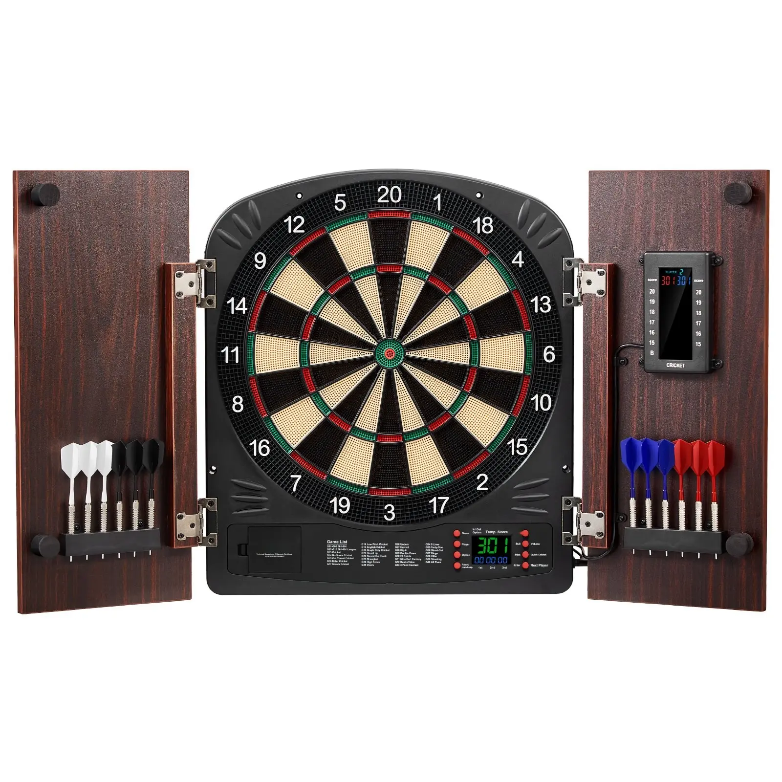 Regulation Size Dartboard And Cabinet Set - Easy Assembly, Mount Hardware, Traditional Look, Includes Darts (Soft Tip & Steel Tip), Scoreboard, Replacement Parts, For Home Bar Game Or Game Room