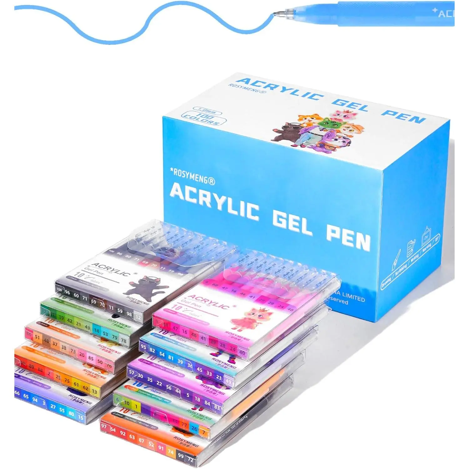 ROSYMENG  Gel Pens 100 Colors, Ultra‑Smooth 1.0mm Tip with Large‑Capacity Ink Pens, Multi‑Surface Coloring Pens for Journaling, Adults Coloring Books, Rock Painting, School and Art Supplies