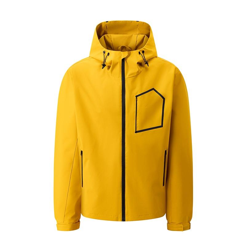 Men's Waterproof Soft Shell Hooded Jacket, Windproof Outdoor Hiking Windbreaker with Geometric Pocket, Casual Streetwear