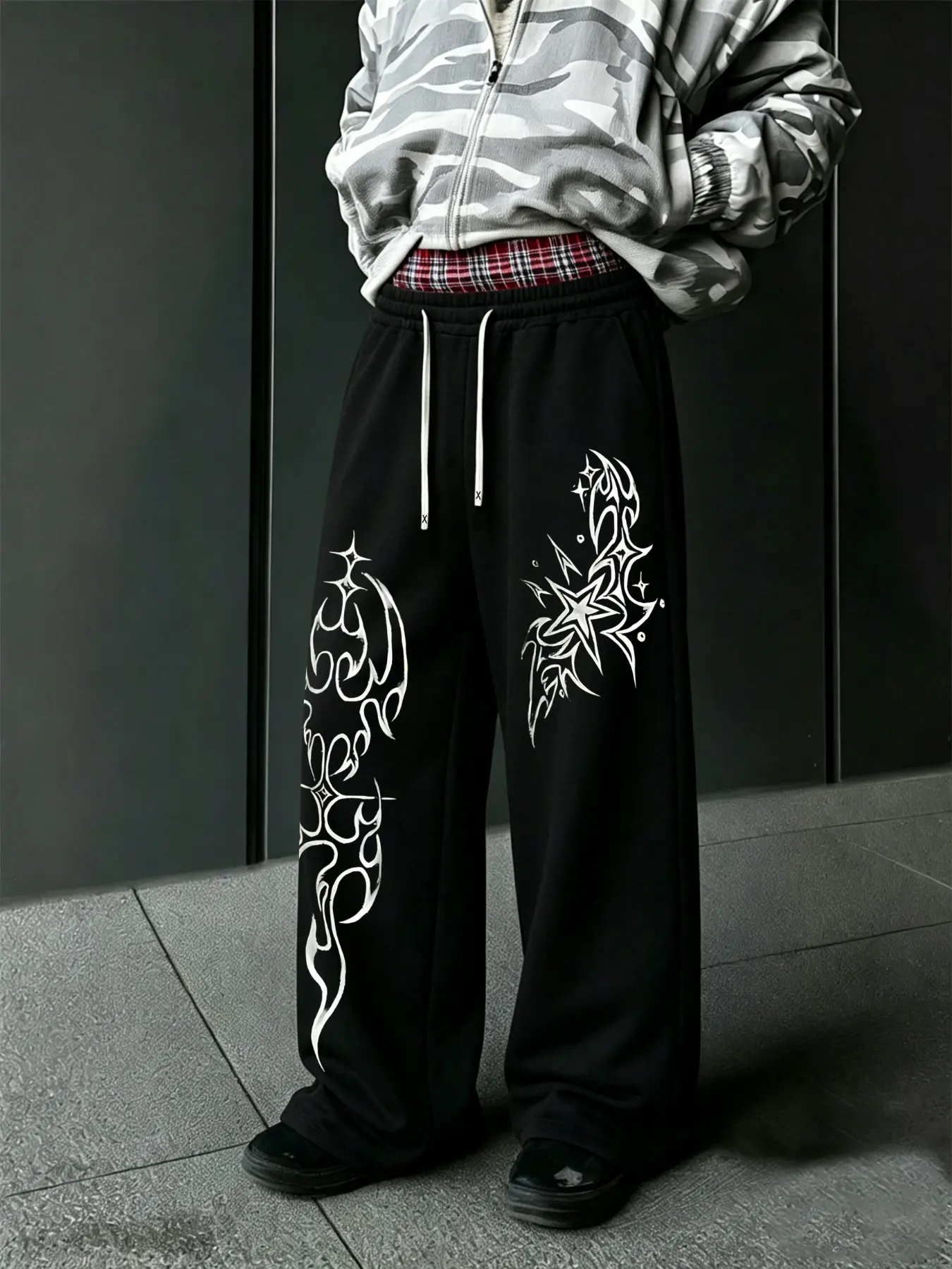 Men's Layered Waistband Sweatpants, Gothic Star Pattern Print, Loose-Fit Wide Leg Straight Pants, Casual Long Pants for All Seasons