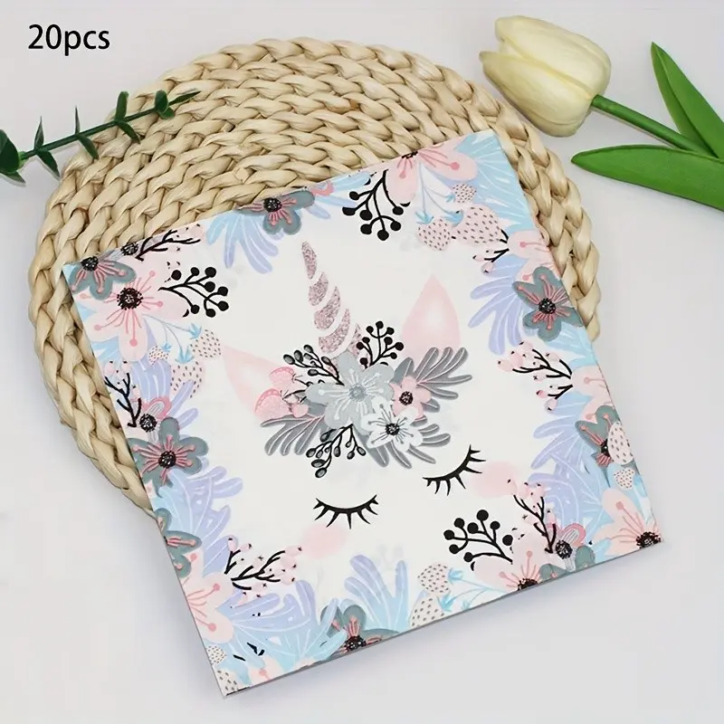 20-Pack Unicorn Floral Party Napkins, Birthday Theme Decorative Paper Towels, Holiday Gifts, Home Decoration, Affordable Room Decor
