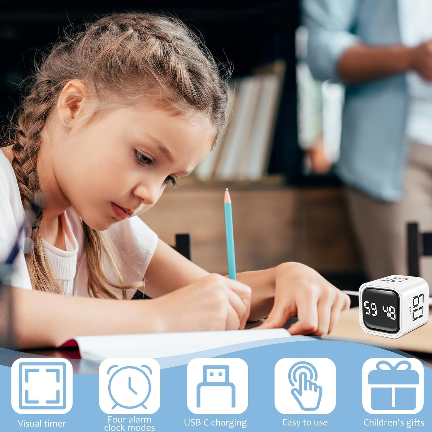 Multifunctional Cube Timer, 1 Count USB Rechargeable Digital Countdown Study Timer, Desk Organizer for Home Office