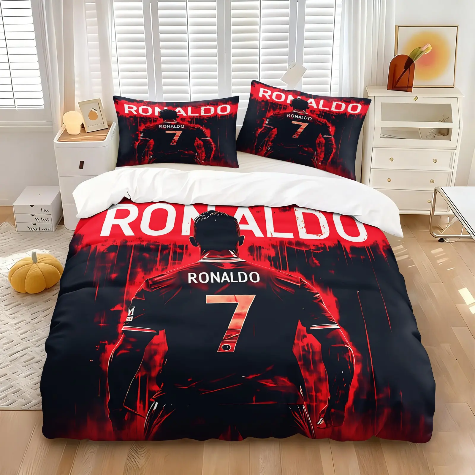 Football Star Ink Print Decorative Duvet Cover Set & 1-2 Pillowcases-No.7 Player Back View Paired with Red Black Ink Splash Graffiti Art Background-Soft Comfortable Theme Bedding Set-Street Punk StyleBedroom Decor Fan Gift