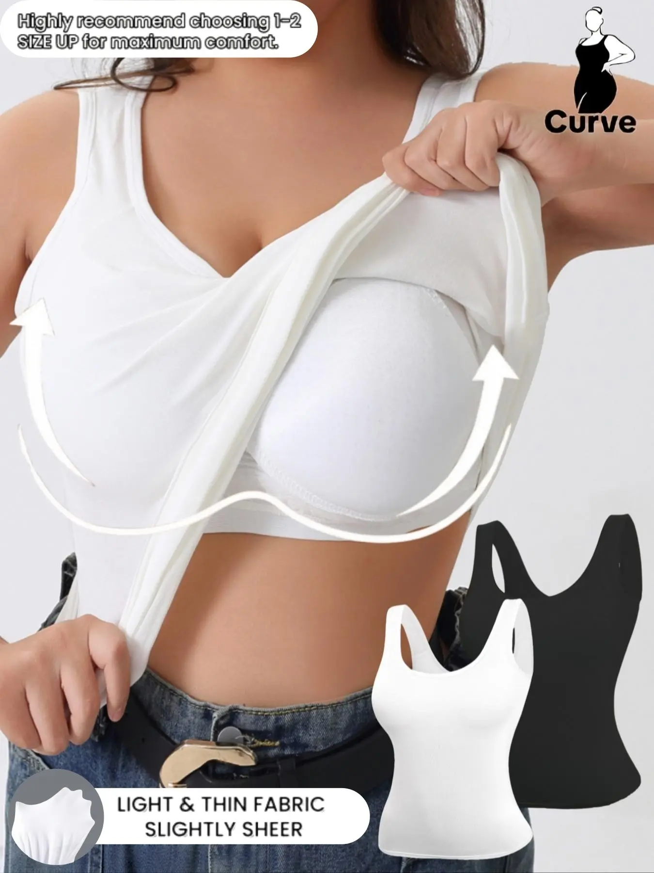 1/2/3/5 COUNTS Plus Size Women's Soft Comfortable Sleeveless 2 in 1 Lingerie Bra Tank Top Set, Breathable Underwear, Fixed Coaster No Underwire Elastic Wide Straps， Fit for Daily and Outdoor To Wear，Fashion Lady Top No Underwire Bras