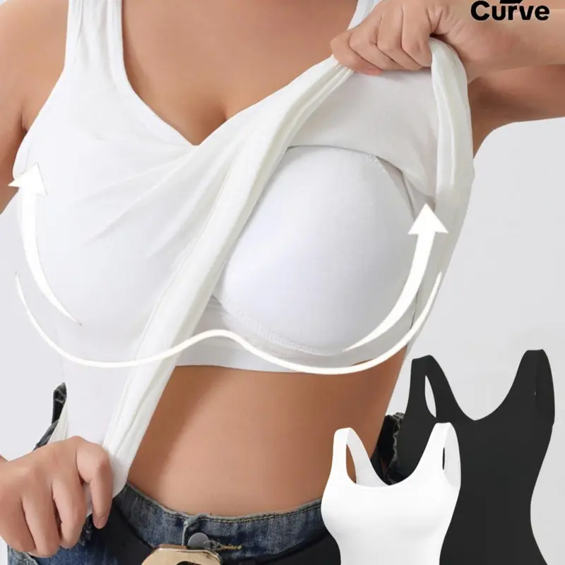 1/2/3/5 COUNTS Plus Size Women's Soft Comfortable Sleeveless 2 in 1 Tank Top Set, Breathable Underwear, Fashion Inner Wear, Fixed Coaster No Underwire Elastic Wide Straps， Fit for Daily and Outdoor To Wear，Fashion Lady Top No Underwire Bras