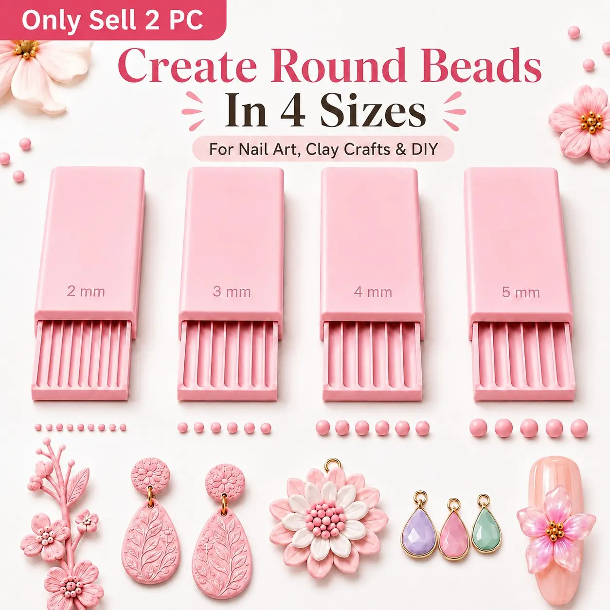4 Pcs 3D Printed Clay Gel Ball Maker Tool, Nail Art Bead Roller for 2mm/3mm/4mm/5mm Round Beads, Sphere Shaper for Gel Flowers, Polymer Clay, Jewelry Making & DIY Crafts