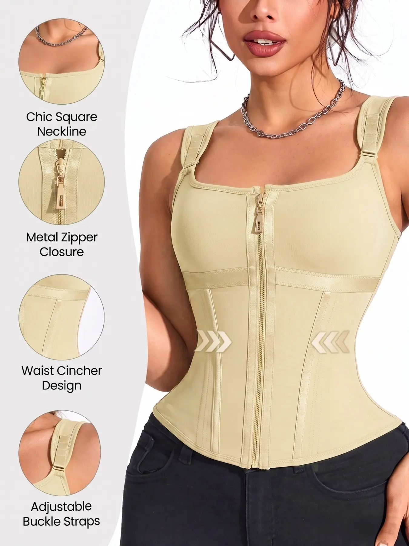 1 Count Women's Sexy Solid Color Shapewear Tops, Fajas, Adjustable Hooks Zipper Closure Waist Trainer, Tummy Control Shaper Belts, Breathable Girdle, Comfortable Shaping Vest, Colombian Shapewear, Suitable for Training & Yoga