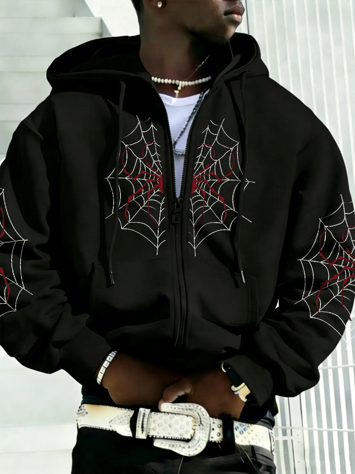 Men's Gothic Zipper Hoodie, Fashion Spider Web Design, Casual Daily Wear, Trendy Street Style, Perfect for Urban
