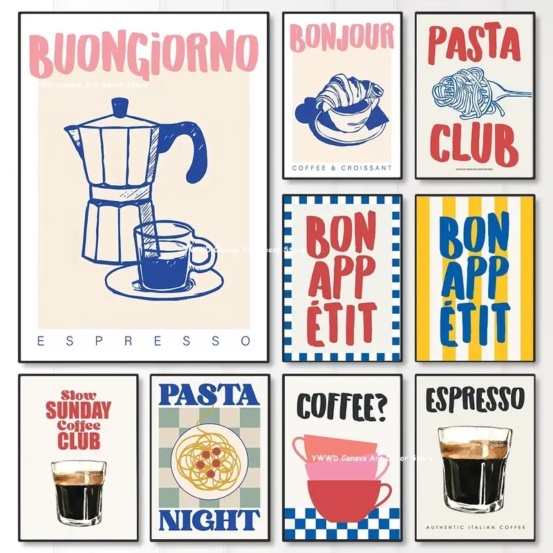 Multi-Size Italian Coffee & Pasta Decorative Artwork, Retro Café Espresso Croissant Wall Poster, Kitchen Decor for Dining Room, Coffee Bar, Food Lover Gift Idea