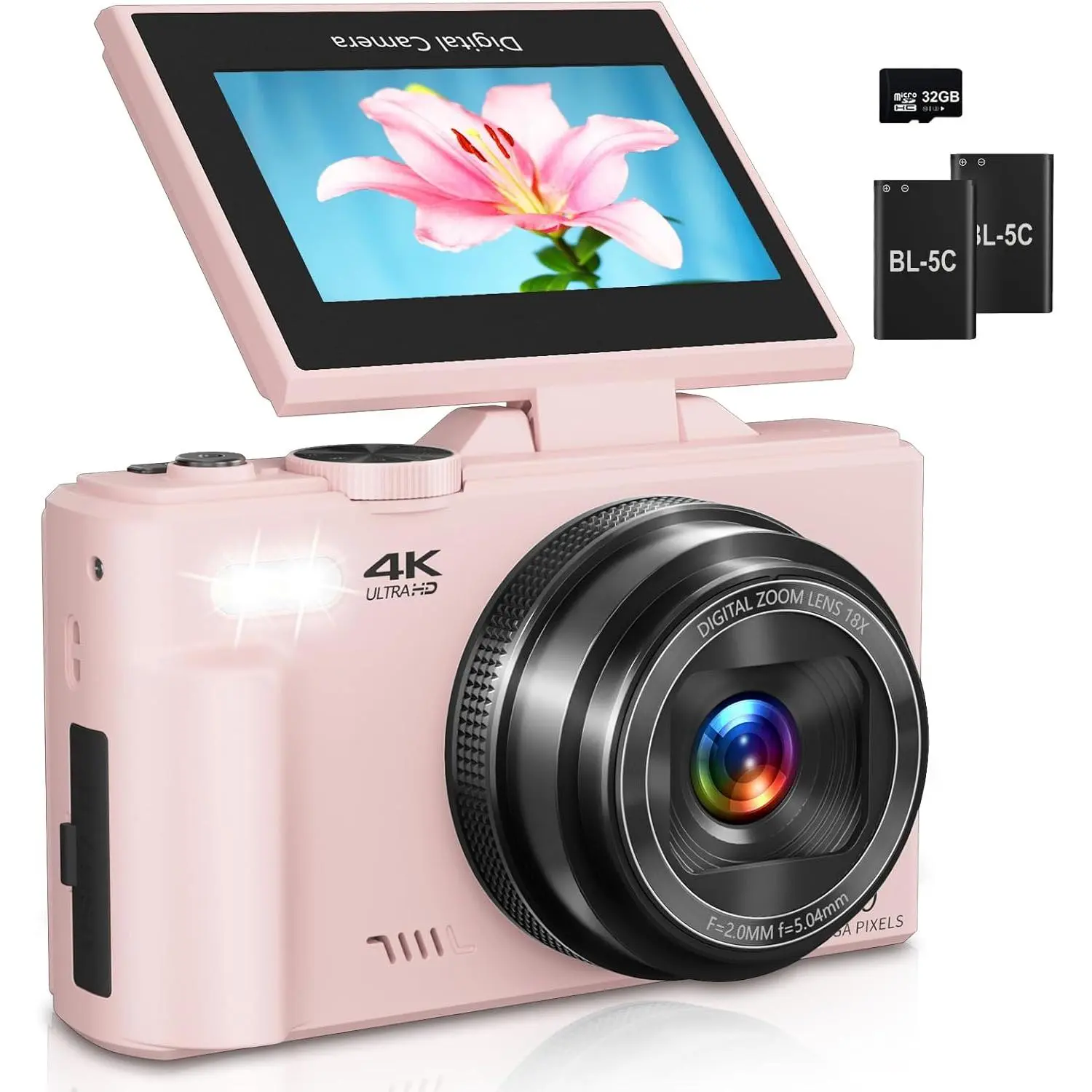 Digital Camera for Photography, 4K Vlogging Camera for YouTube 3" 180? Flip Screen 18X Digital Zoom Compact Cameras with 32GB TF Card & 2 ,