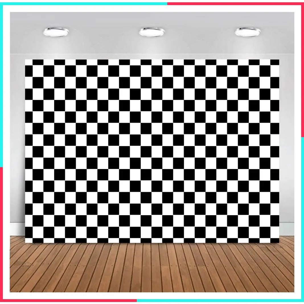 Cosplay Party Banner Checkered Flag Photography Backdrop Vinyl 7x5ft Photo Background White and Black Racing Checker Texture Grid Birthday Chess Board Decoration Supplies Photo Booth Studio Props