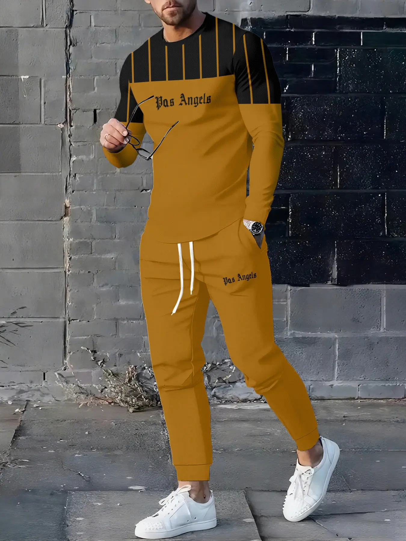 Men's Casual Sportswear Set, Fall Winter Striped Colorblock Long Sleeve + Ankle Pants, Fashionable Comfort Two-Piece