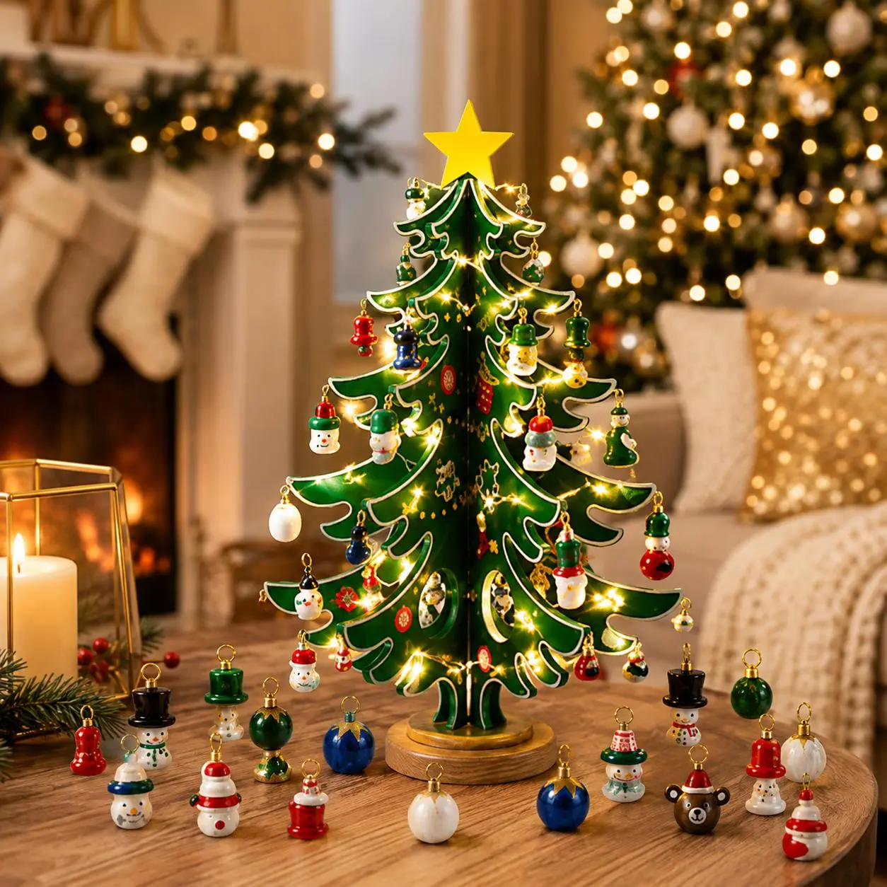 DIY Wooden Christmas Tree Advent Countdown Calendar - Christmas Aesthetic Home Decor with Removable Mini Ornaments, Optional Warm String Lights, Tabletop Statue, Family Activity Gift by Sohochic