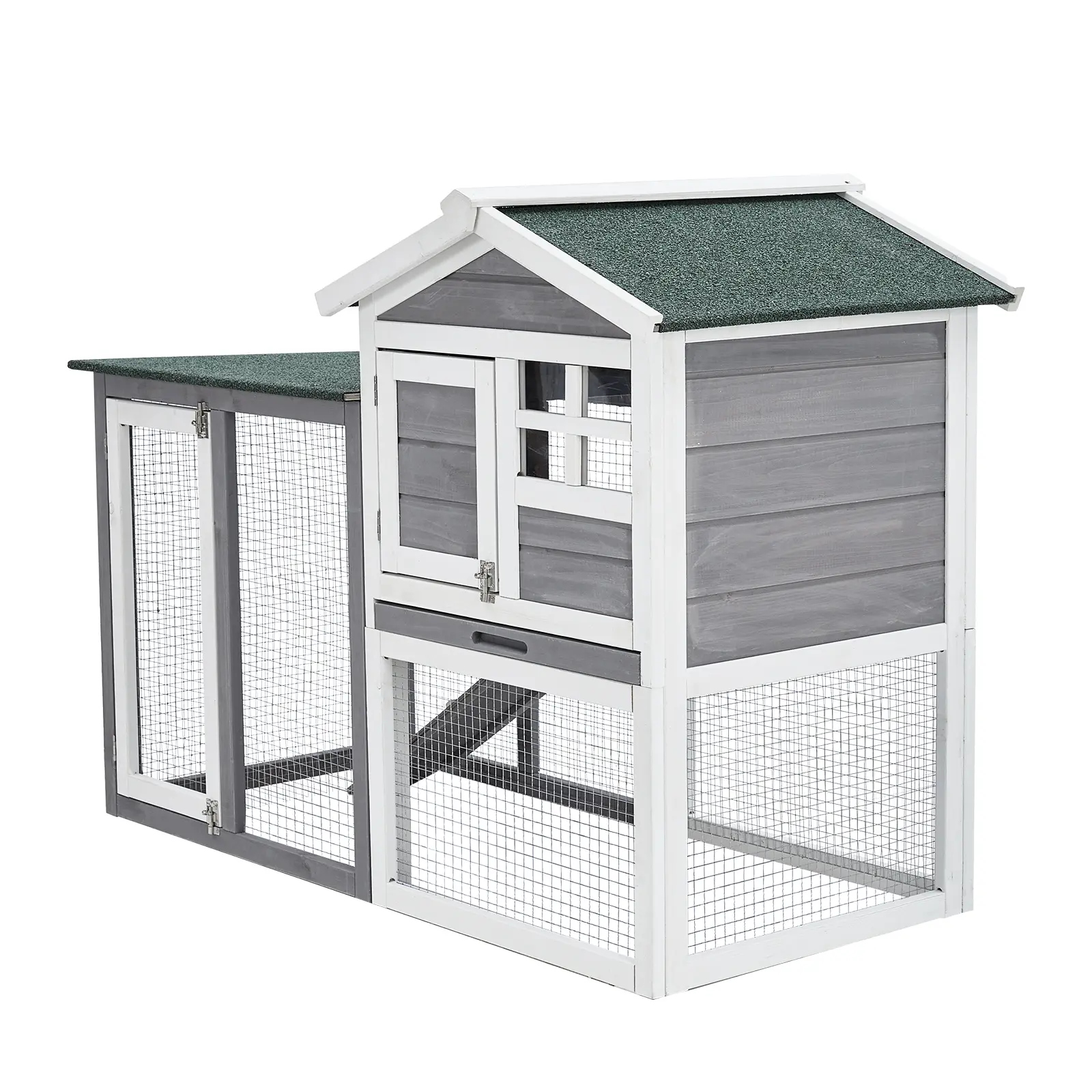 48" Wooden Rabbit Hutch for Small Animals – 2-Tier Indoor/Outdoor Rabbit House with Waterproof Roof, Leak-Proof & Pull-Out Tray, Lockable Doors – Gray/White – Ideal for Guinea Pigs, Bunnies, Chickens