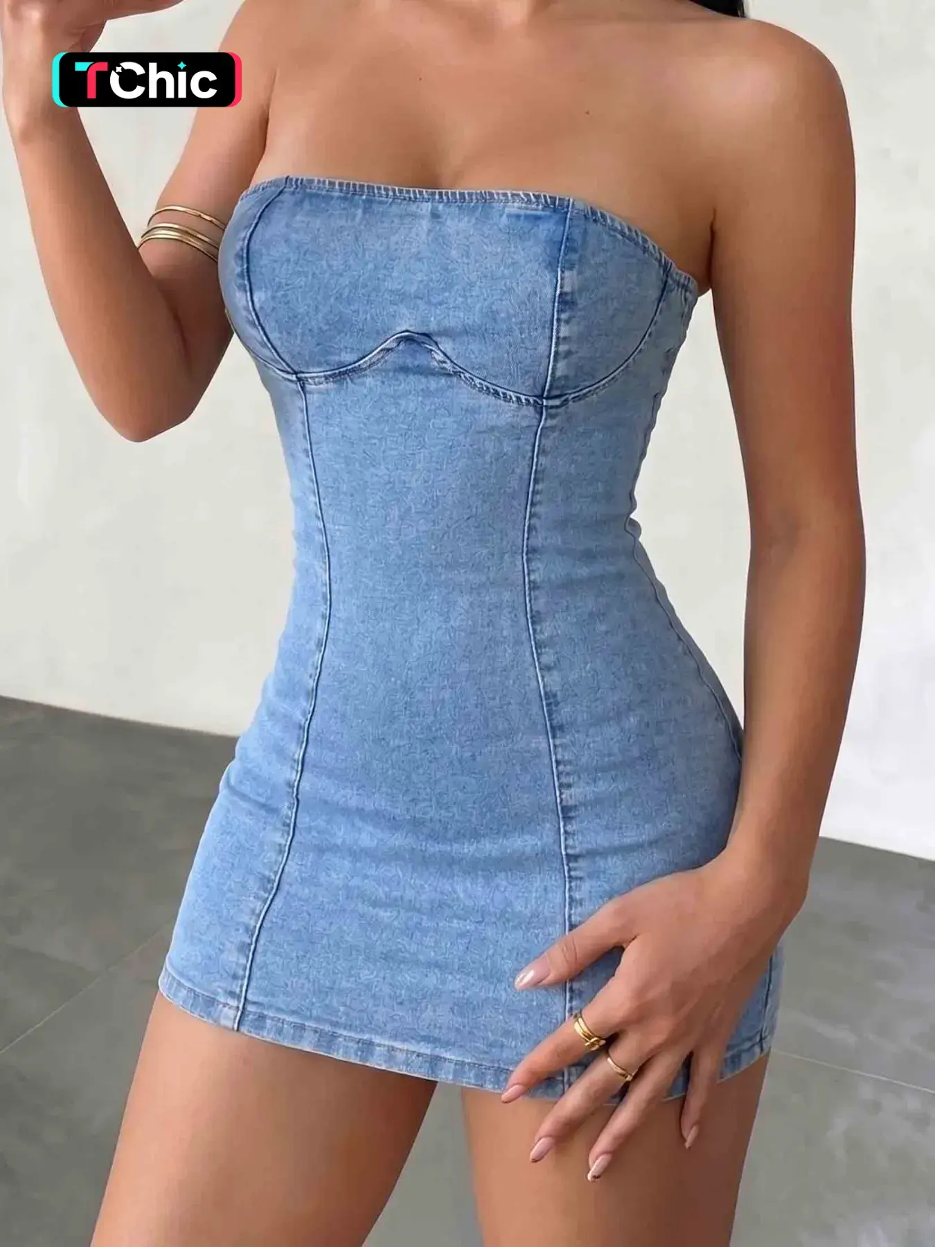 Women's Light Wash Strapless Bustier Bodycon Fit Denim Mini Dress, Y2K 90s Club Streetwear, Full Back Zipper, Festival & Party