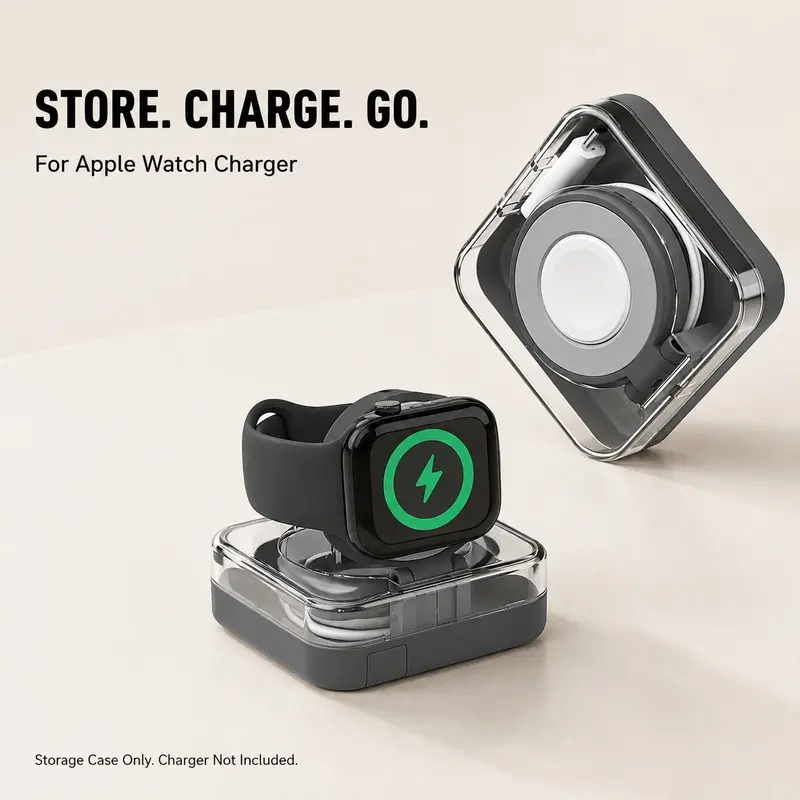 Apple Watch Charger Storage Case, Portable Cable Organizer with Adjustable Charging Stand and Hidden Phone Holder, Travel Carry Case