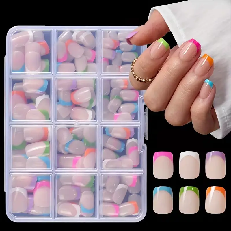 144 Pcs Short Square Press On Fake Nails Set, 6 Colors (White, Orange, Green, Blue, Magenta, Purple) French Full Cover Artificial Nails, 12 Sizes, Ideal for Valentine's Day, Parties, Daily Wear & Special Occasions