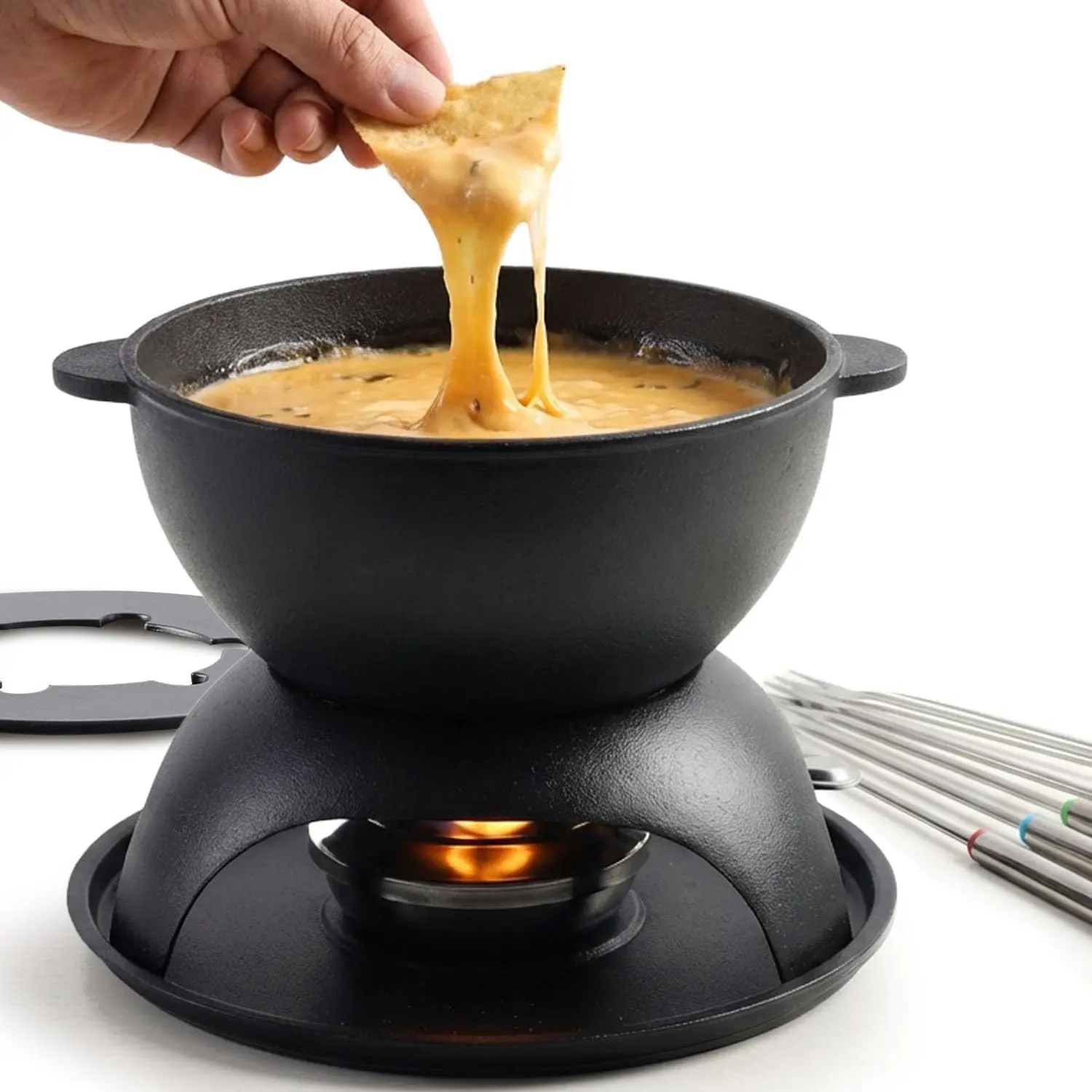 Cast Iron Cheese Fondue Pot Set for 4-6 People | 5-Cup Cheese & Chocolate Fondue Pot with Adjustable Burner and 6 Color-Coded Forks, Black
