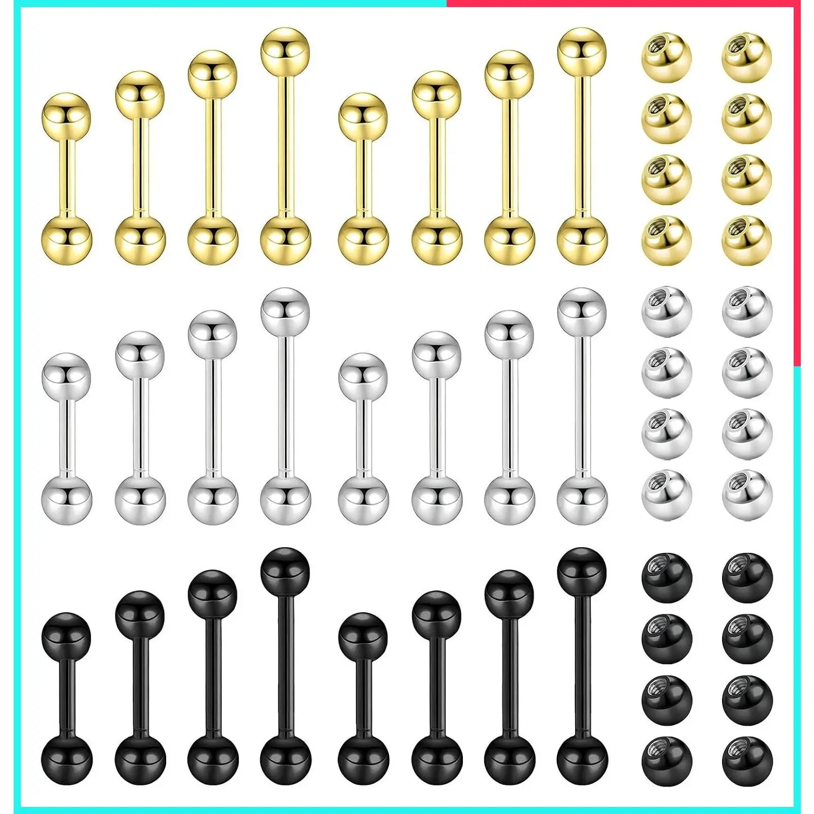 48 Pieces 14G Stainless Steel Straight Barbells Nipple Tongue Rings Piercing Jewelry Set for Women Men, Hypoallergenic, Silver Black Gold Bridge Piercings, Bar Length 12-18mm, Ball Size 5mm 6mm