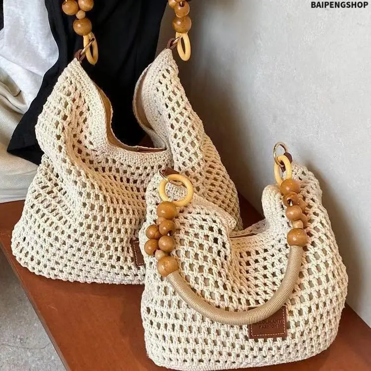 Crochet Crossbody Bag for Women, Stylish Straw Fabric Shoulder Handbag with Wooden Bead Handle, Lightweight Purse for Travel & Daily Use, Purses Crossbody Bag, Wooden Beads, Brown, Casual