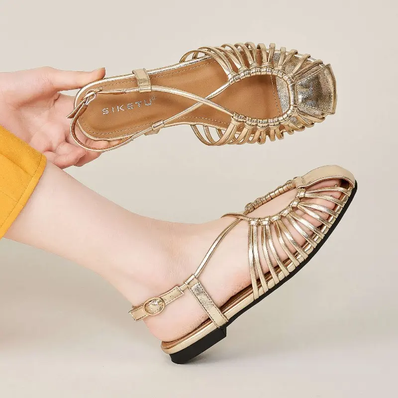 Women's Woven Cutout Flat Roman Sandals Square Toe Adjustable Buckle Slingback Sandals Soft Non Slip Casual Summer Beach Shoes