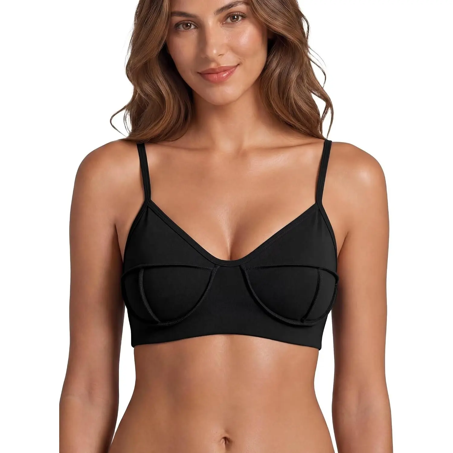 Sunzel 3D Contour External V Neck Sports Bra - Adjustable Convertible Straps, Removable Pads, Wire-Free Light Support Strappy Yoga Bra for Workout, Supportive Gym & Athleisure Wear, Strappy Yoga Bras