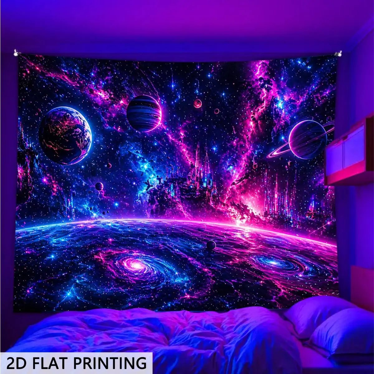 2d Flat, 2d Flat Blacklight Glow in The Dark Tapestry, Neon Galaxy Planet Design, Wall Hanging for Bedrooms, Living Rooms, and Offices. Game Room Decor, Festive and Party Decor, College Dorm Decor, 2d Flat