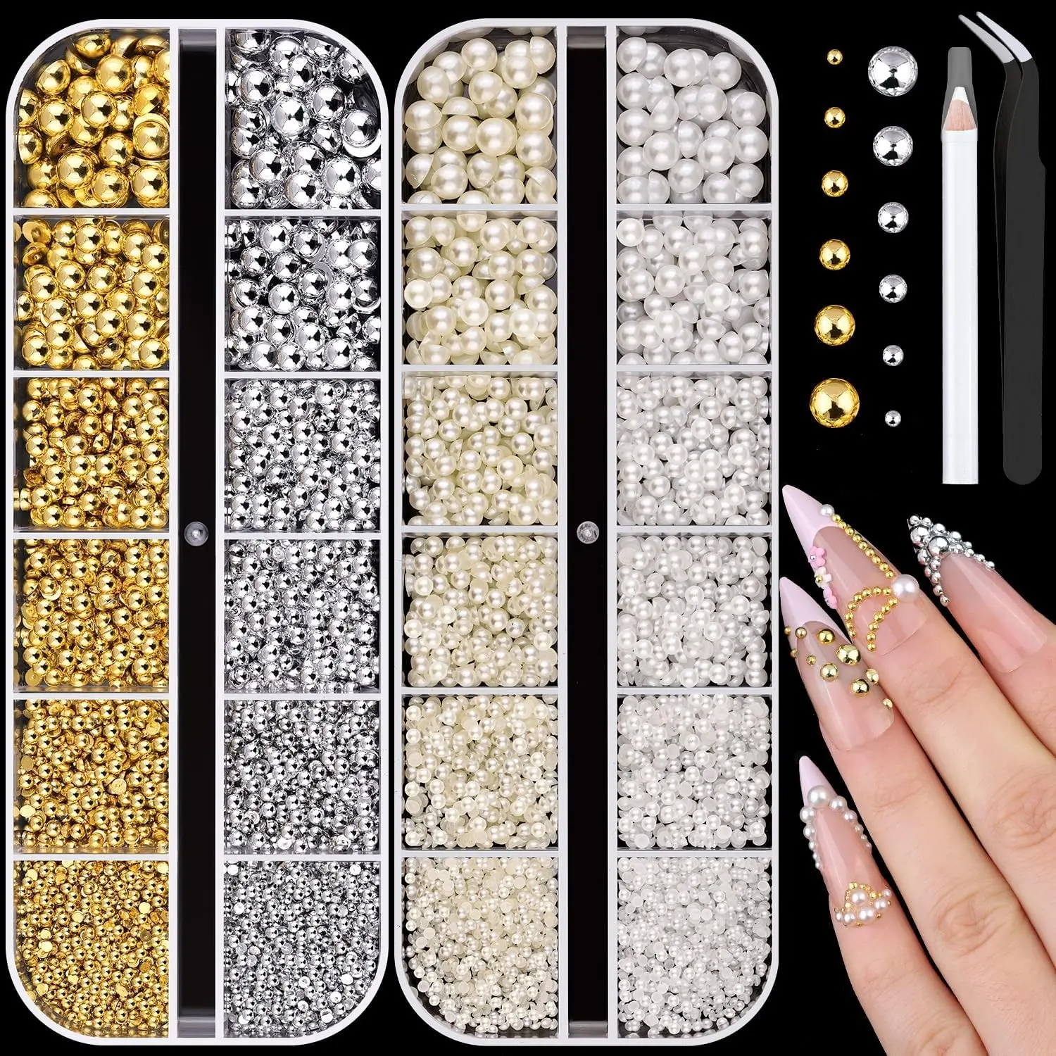 Flatback Nail Pearls Gems, Small Half Round Silver & Gold Nail Charms, White & Beige Nail Pearls with Pickup Tools, Pearl Rhinestone Charms for DIY Manicure, Face Decor & Craft Projects, Nail Art Decoration, Nail Art Supplies