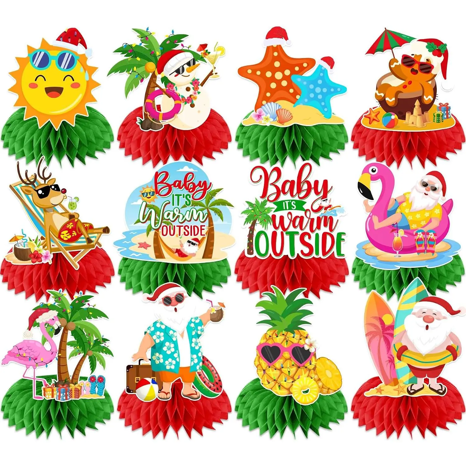 Tropical Christmas Decorations  Centerpieces, 12 count Summer Christmas Decorations for Table,  Beach Theme Christmas Decorations Table Toppers for Hawaiian Luau Beach Theme Christmas Decor