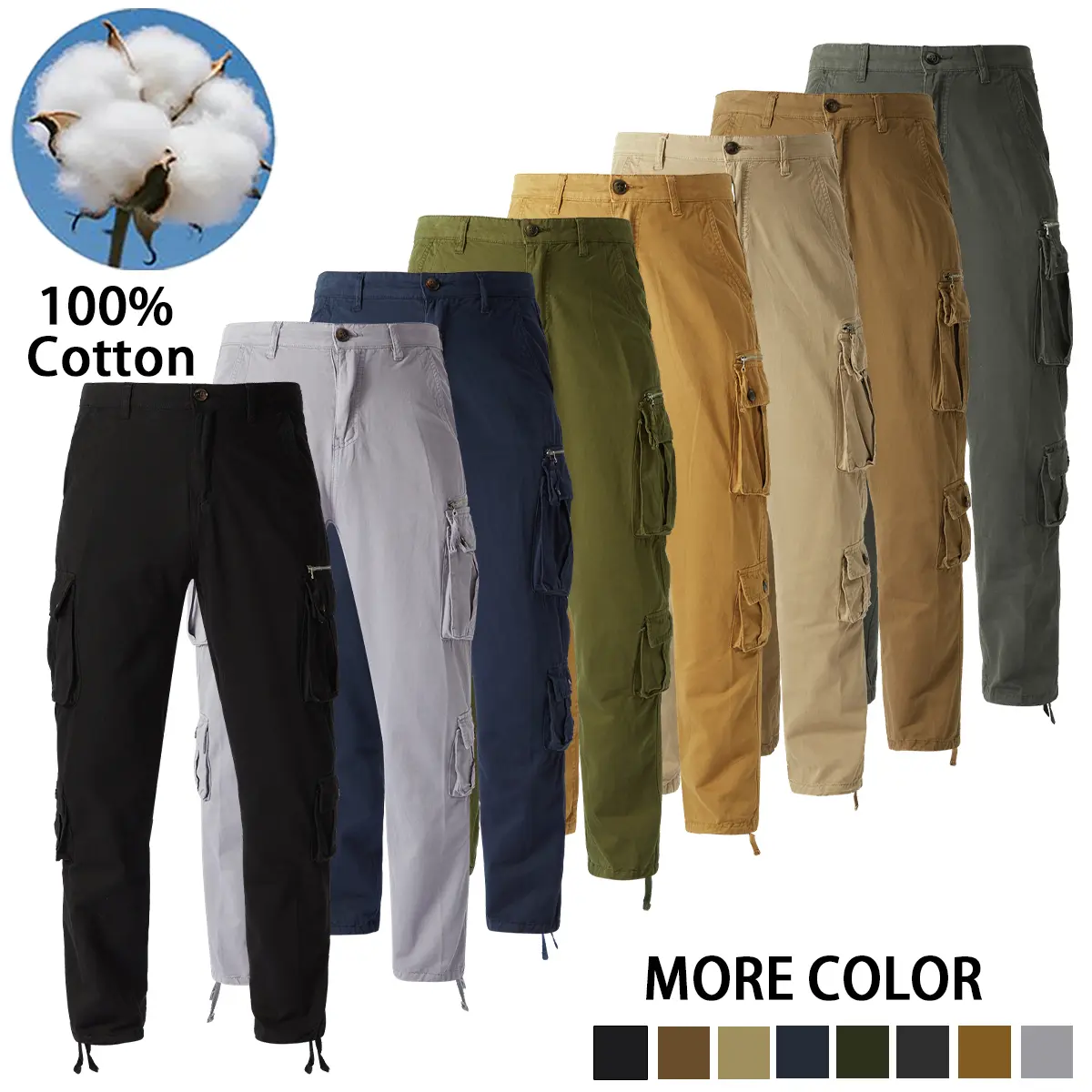 Men's Plain Pure Cotton Mid-Waist Washed Workwear Pants - Cold Machine Wash Friendly, Multi-Pocket with Button-Flap Back Pocket, Suitable for Outdoor & Casual Wear, All-Seasons Use