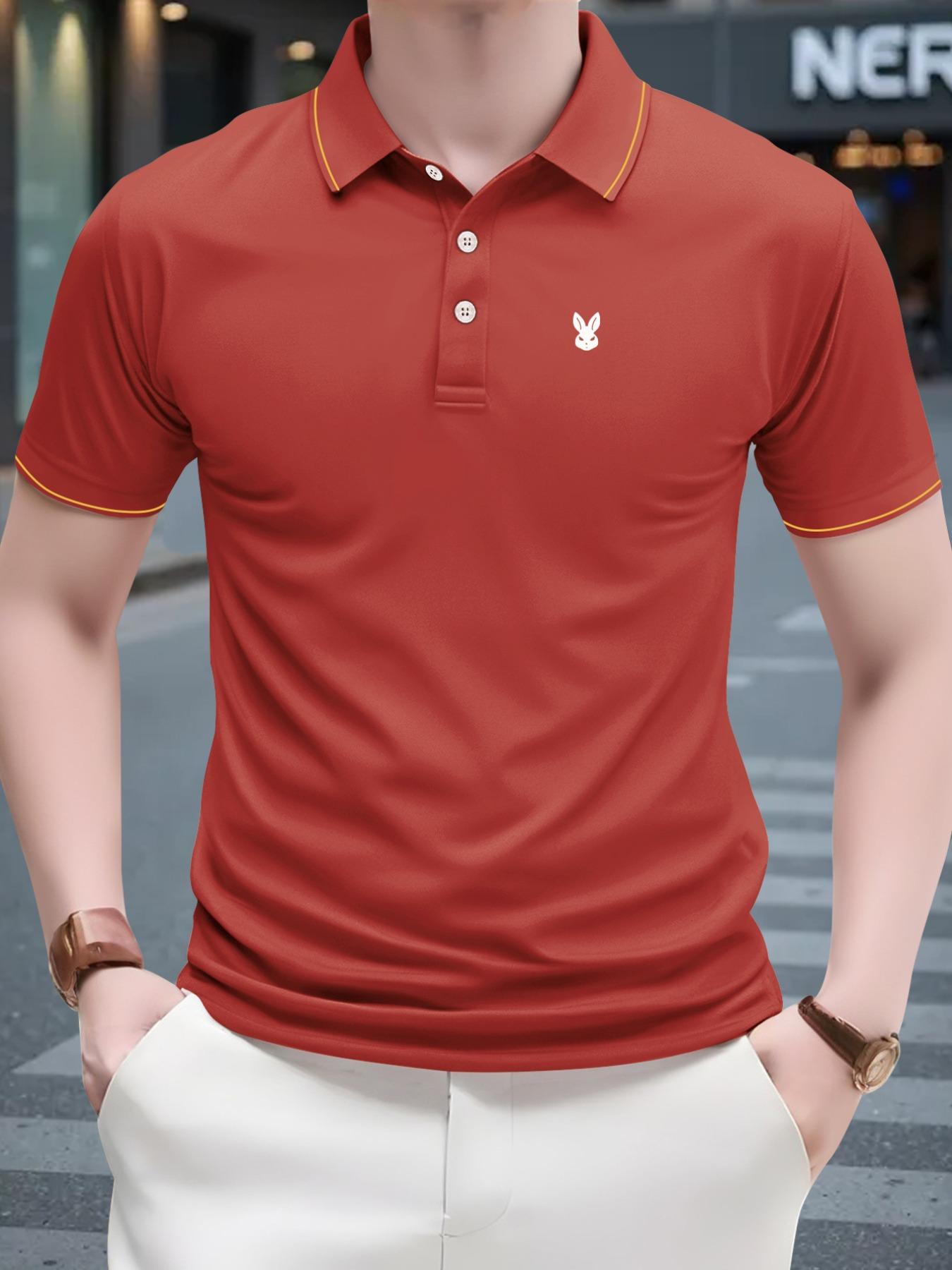 Men's Regular Fit Rabbit Print   Polo Shirt, Casual Short Sleeve Half Button Top for Summer, Fashion Men's Clothes for Daily Wear