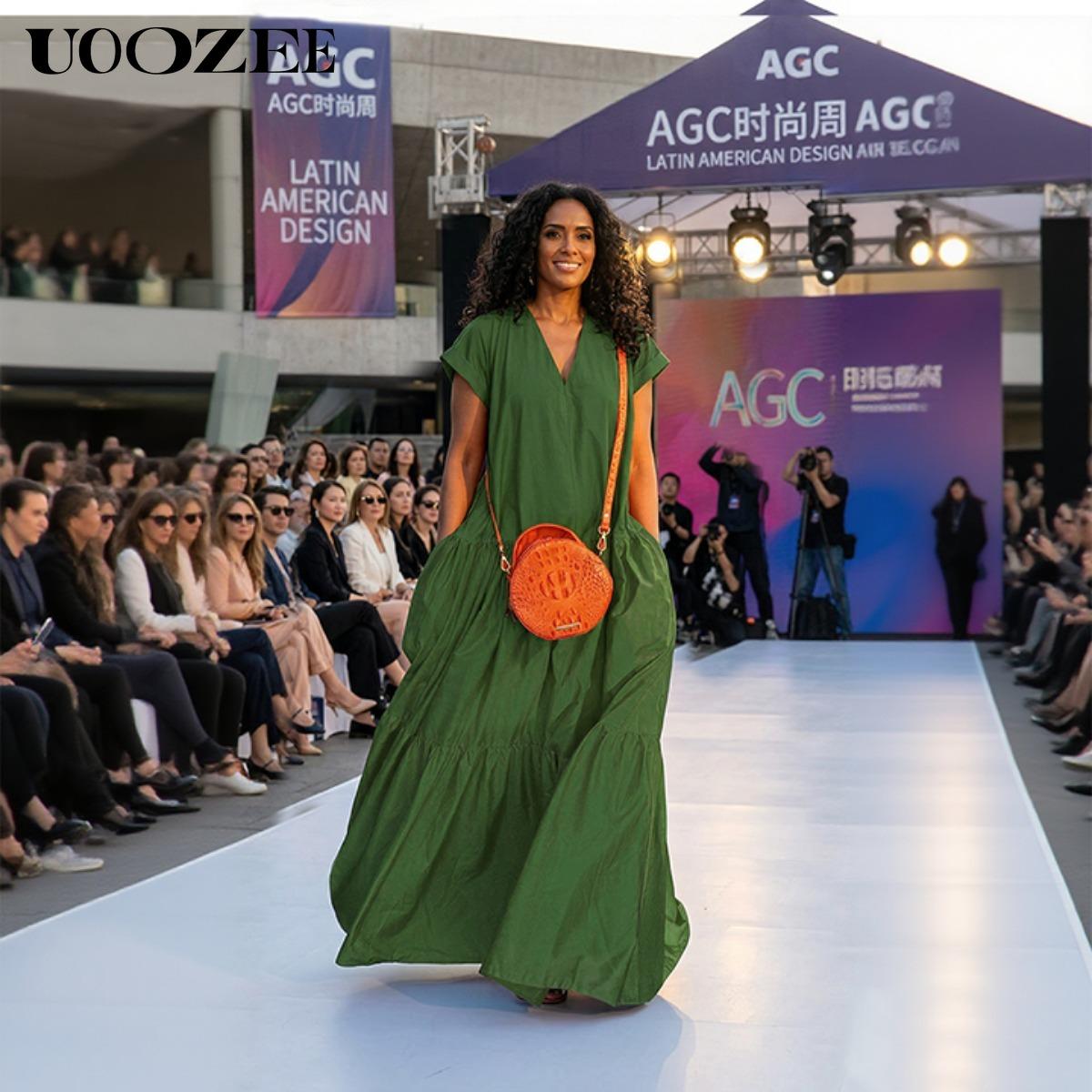 UOOZEE Women's Bright Chic Loose Short Sleeve Pleated Pocket Solid Color Slit V-Neck Maxi Dress Summer Casual Basic Cotton Blend Machine Washable Holiday Dress Womenswear Minimalist (Size is one size larger, it is recommended to order one size smaller)