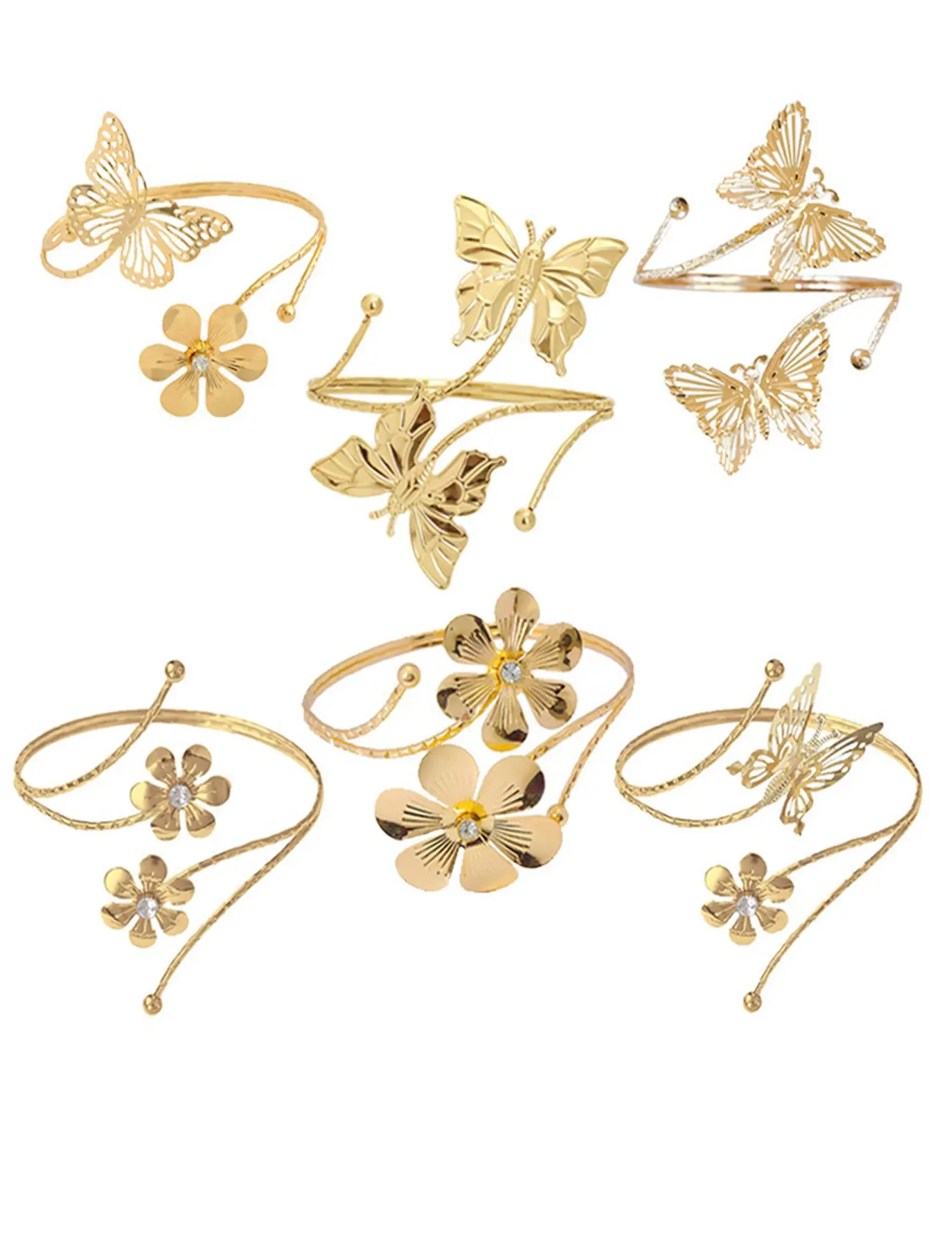 6-Piece Set Upper Arm Bracelets, Cuff & Coil Bracelets, Butterfly Flower Design, Bohemian Style, Casual Fashion Accessory