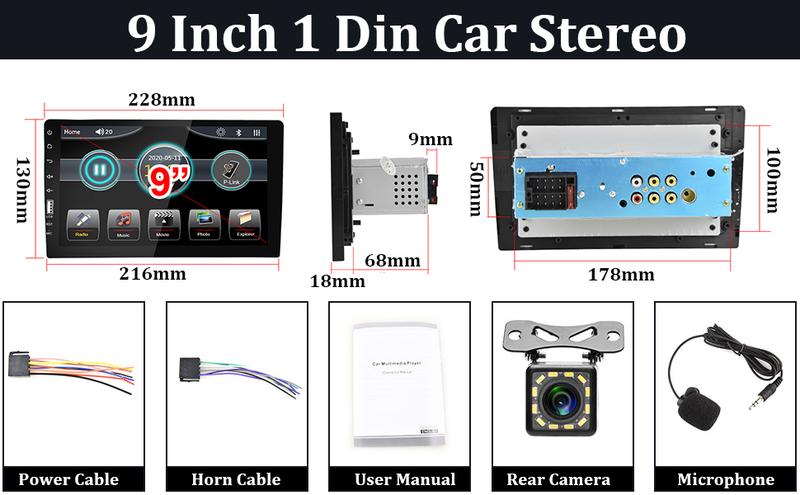 9 Inch Single Din HD Touch Screen Car Stereo with Bluetooth with Backup Camera + External Microphone + FM MP5 Player Car Audio Receivers Support Mirror Link SWC USB EQ Car Radio