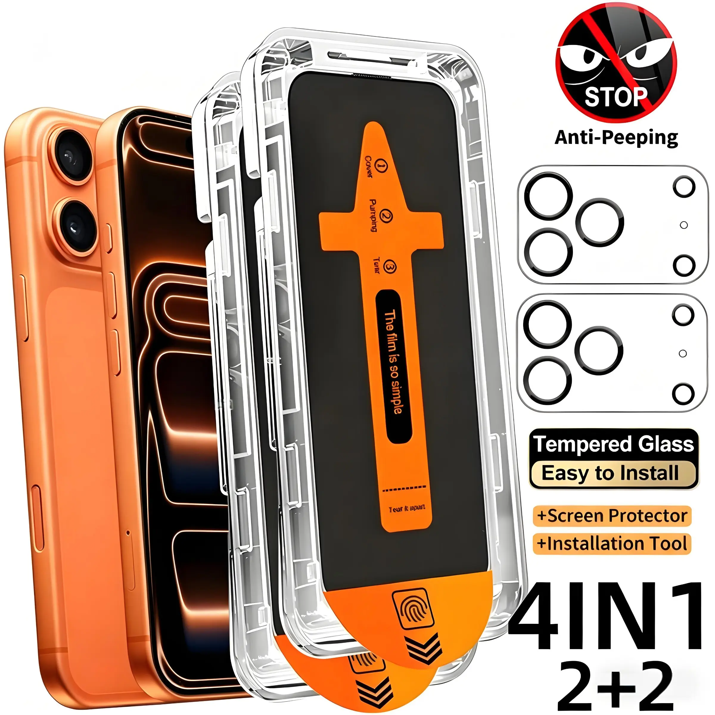 4-in-1 2-piece Instant Privacy Anti-Dust Tempered Glass Film, including 2 camera lens protectors, easy to install, compatible with iPhone 17, 16, 15, 14, 13, 12, 11/Pro/Promax series, privacy tempered screen protector
