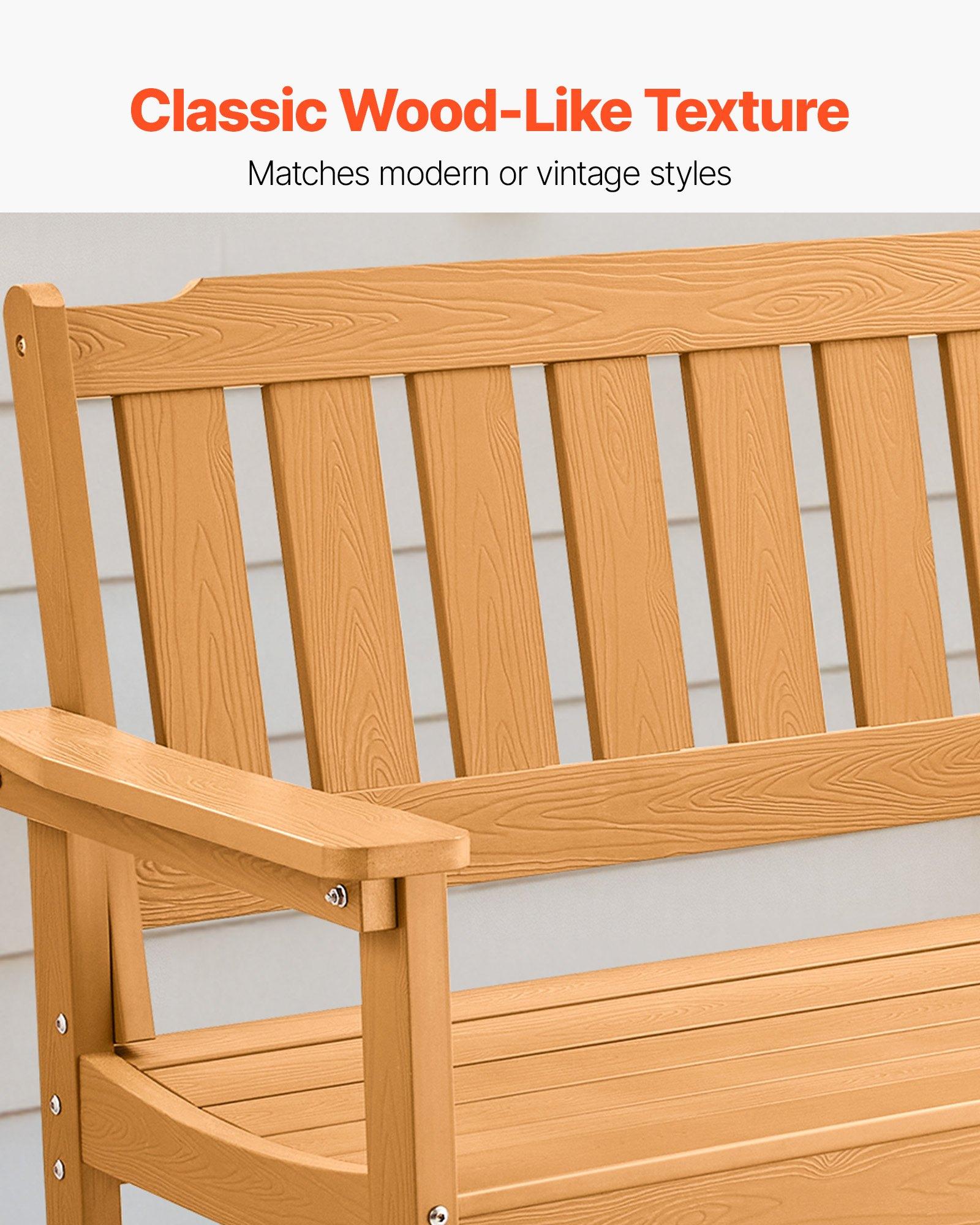 VEVOR Outdoor Bench, 50.5 inch, 800 lbs Weight Capacity for 2-3 Persons, Weatherproof Plastic Frame with Backrest and Wide Armrests, Outside Bench for Patio, Garden, Park, Yard, Natural Wood Color VEVOR Outdoor Bench, 50.5 inch, 800 lbs Weight Capacity for 2-3 Persons, Weatherproof Plastic Frame with Backrest and Wide Armrests, Outside Bench for Patio, Garden, Park, Yard, Natural Wood Color