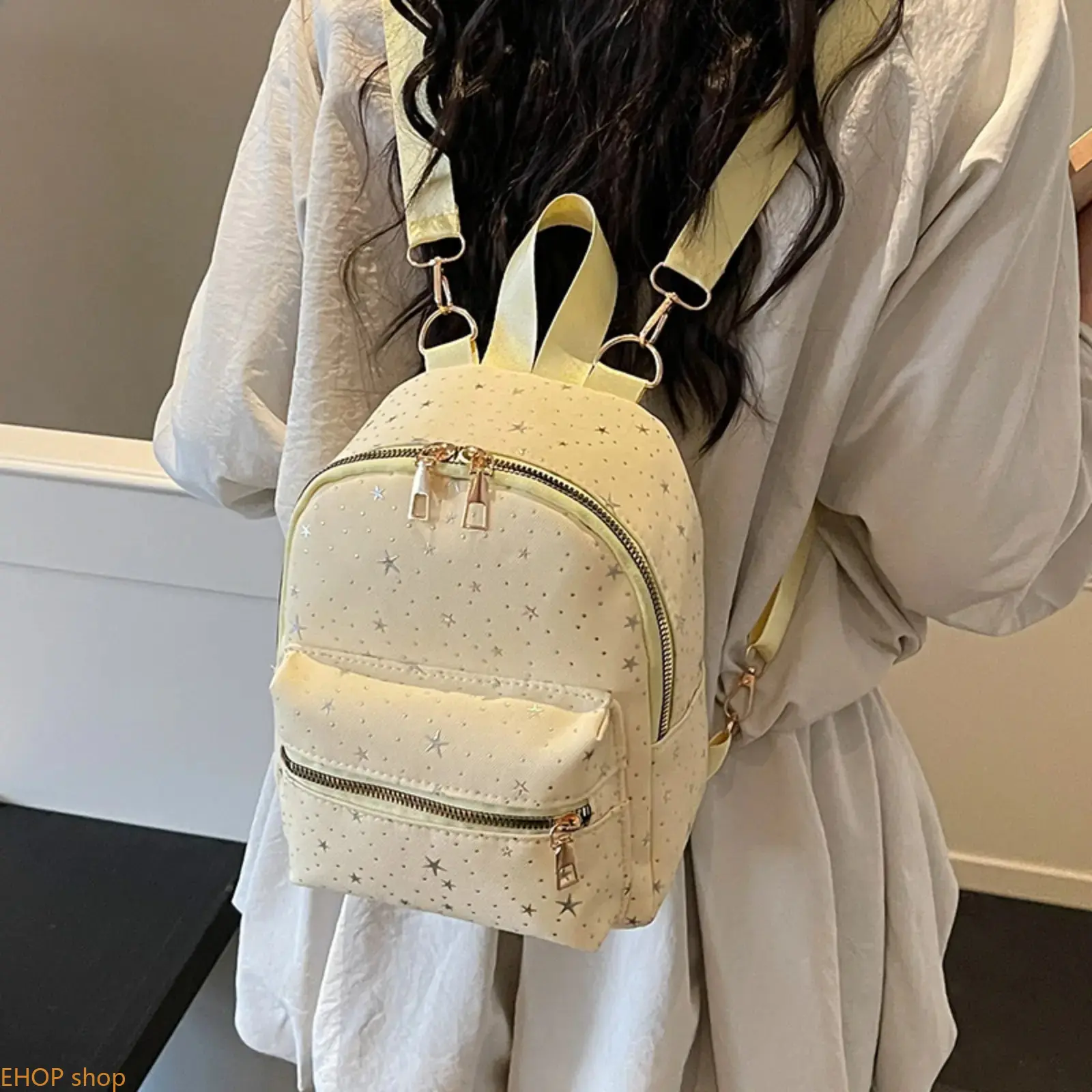 Women's Nylon Star Printed Mini Backpack, Casual Functional Portable Dustproof Convertible Hands-Free Bag, Multifunctional Crossbody/Shoulder Purse for Daily Travel