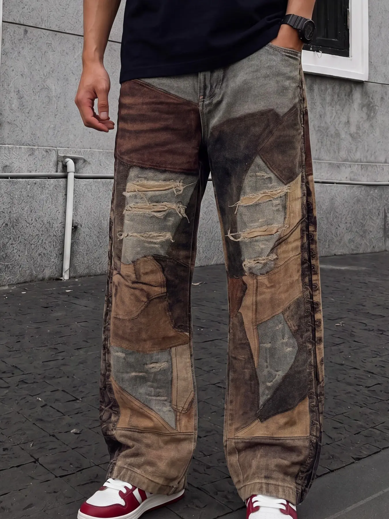 All-season men’s Vintage Aesthetic brown washed straight-leg jeans, multicolor printed patchwork design, American trendy street-style fashion pants.