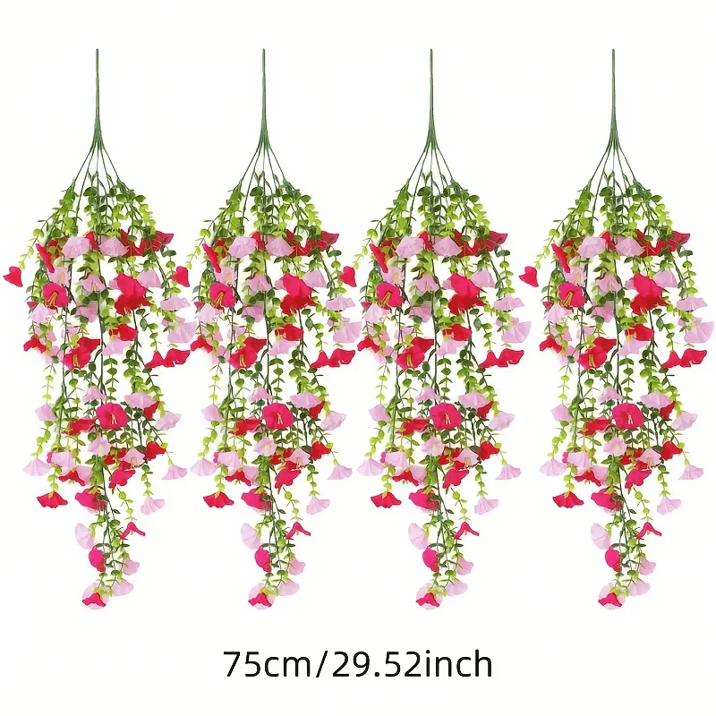 4 pcs artificial morning glory hanging decorations, UV-resistant artificial flowers, pink and rose red, suitable for indoor and outdoor home decoration, front door wreath decorations, wedding decorations, Easter, Valentine's Day, Mother's Day