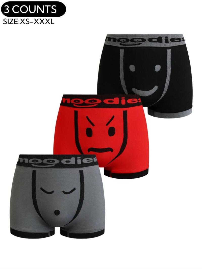 Men's Cartoon Expression Pattern Letter Tape Boxer Brief, Comfortable Breathable Seamless Underwear for Daily Wear, Fitted Elastic Boyshorts,Men's Underwear for All Seasons