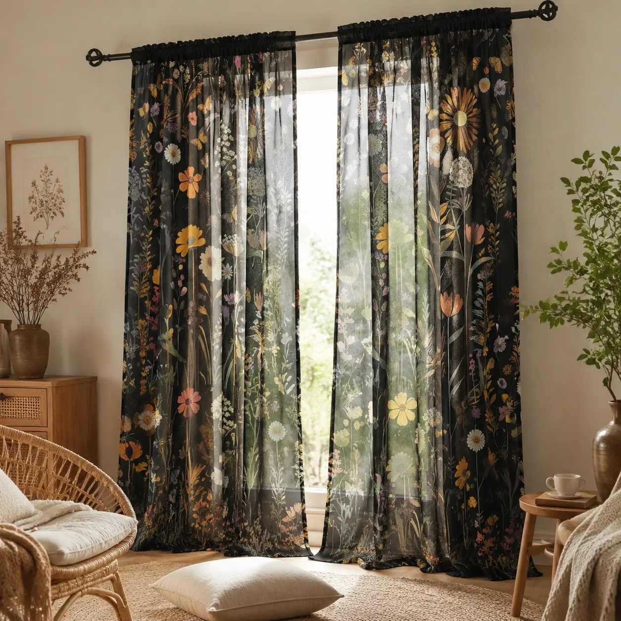 2-Pack Background Wildflower Curtains, Polyester Curtain, Vintage Multi-Color Daisy Sunflower Print, Semi-Sheer Farmhouse Style for Bedroom Living Room