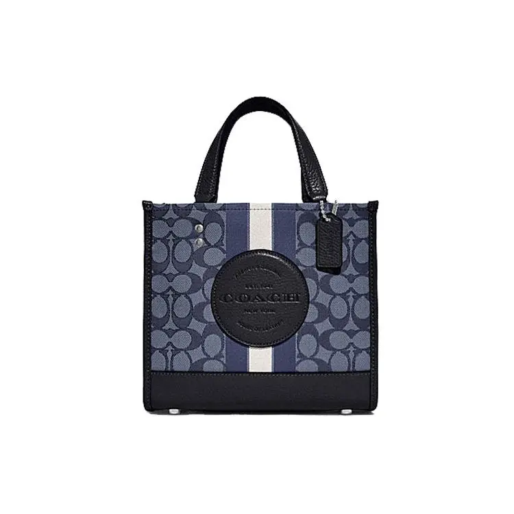 Coach Dempsey 22 Logo Stripe Tote Bag for Women – Fabric and Leather Blend, Midnight Blue