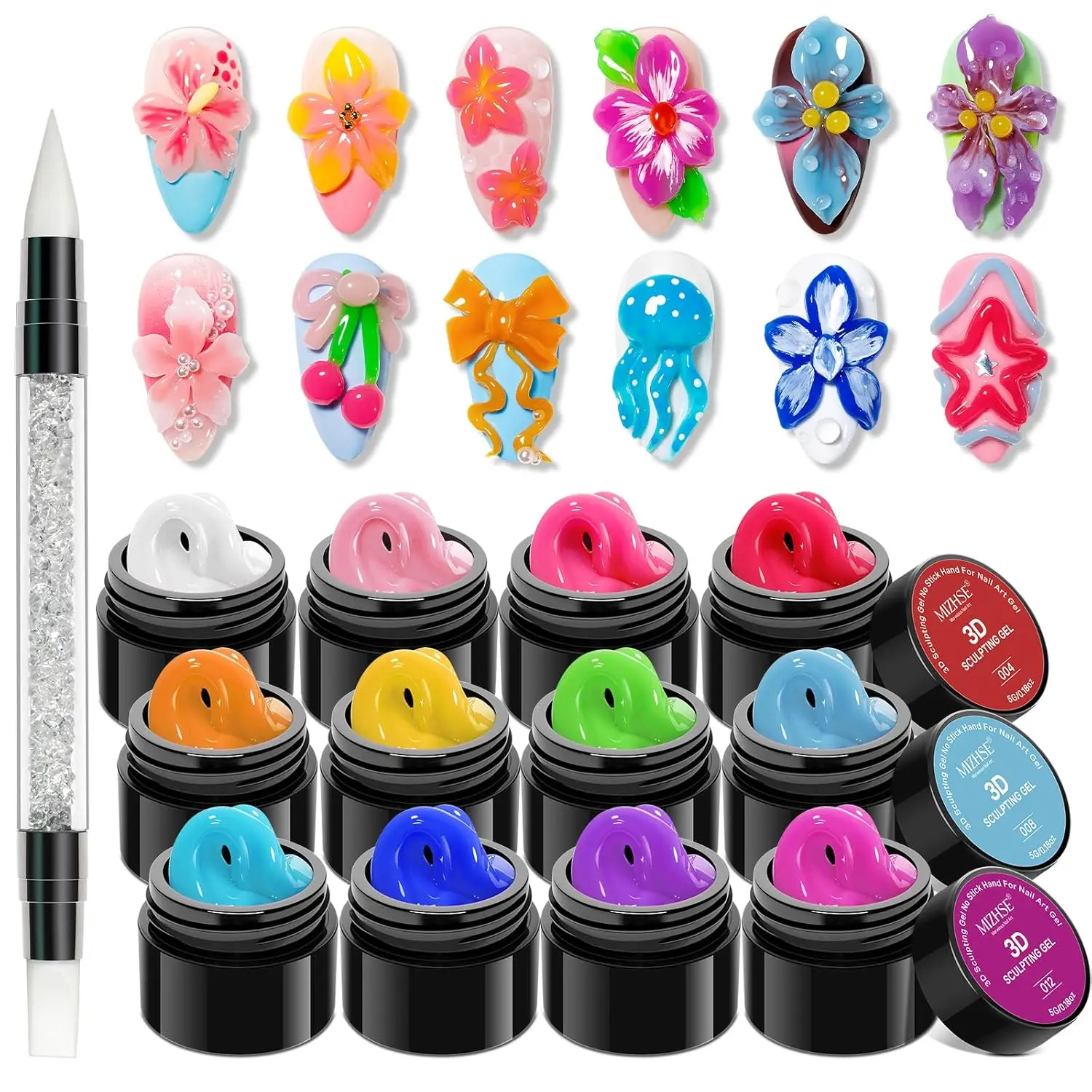MIZHSE 12 Colors 3D Nail Gel Set, Non-Sticky Sculpting Gel for Nail Art Painting Molding Gels with Sculpture Pen Soak Off U V Sculpting Gels for Home DIY Salon Manicure