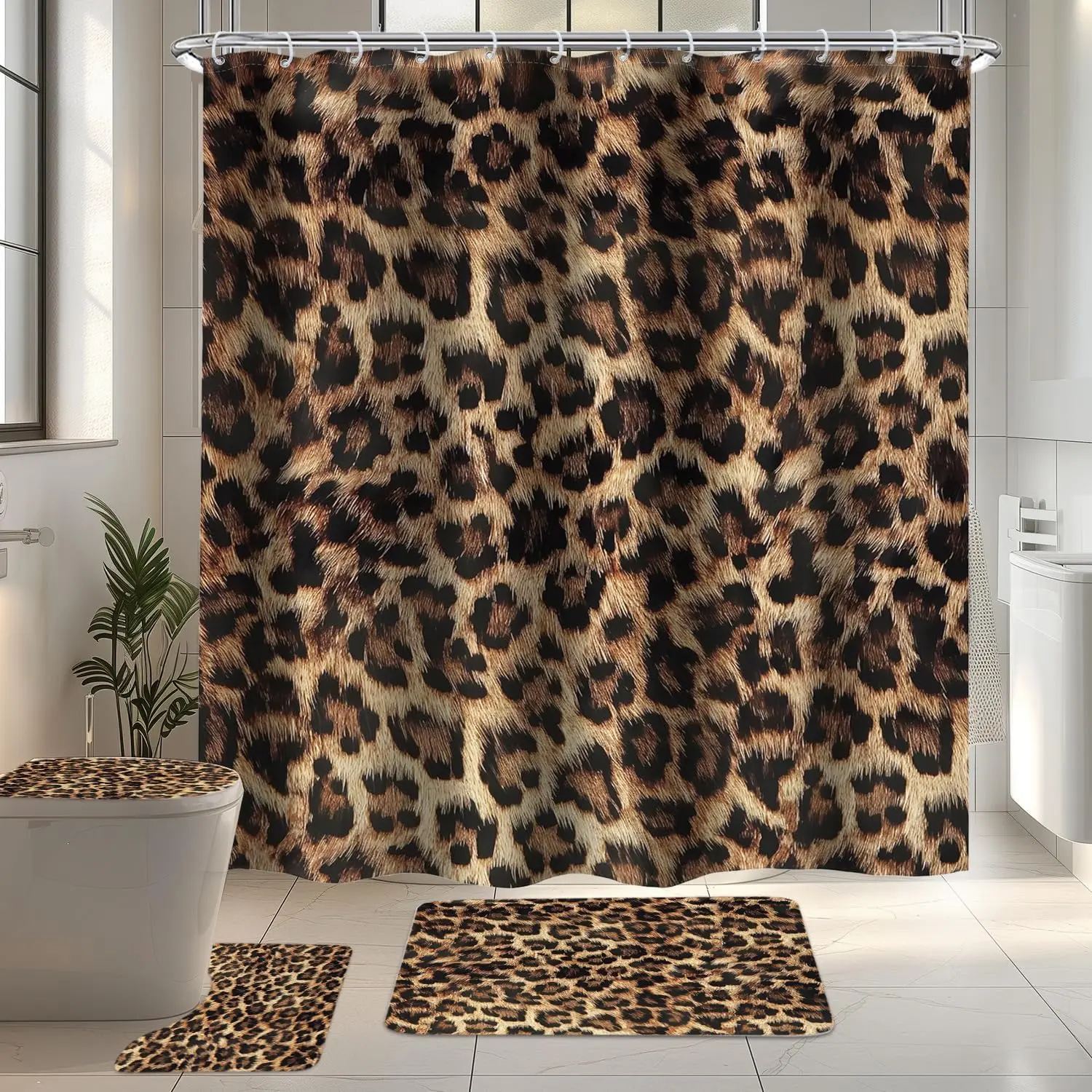 4 PCS Leopard Print Shower Curtain Set 72Wx72H,Toilet Lid Cover,Non-Slip Rugs and U-Shaped Mat,Wild Safari Cheetah Bathroom Sets with Rugs Shower Accessories 12 Hooks for Bathroom Decor