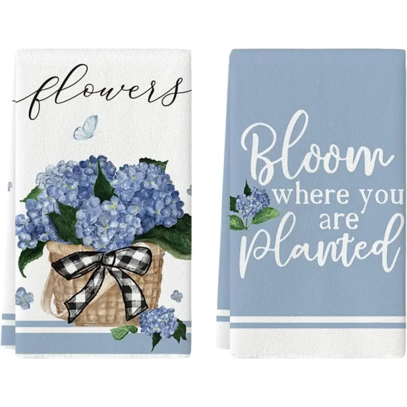 Set of 2 Watercolor Hydrangea Basket Spring Kitchen Towels/Napkins, 16x24 Inches, Summer Decor Hand Towel Set
