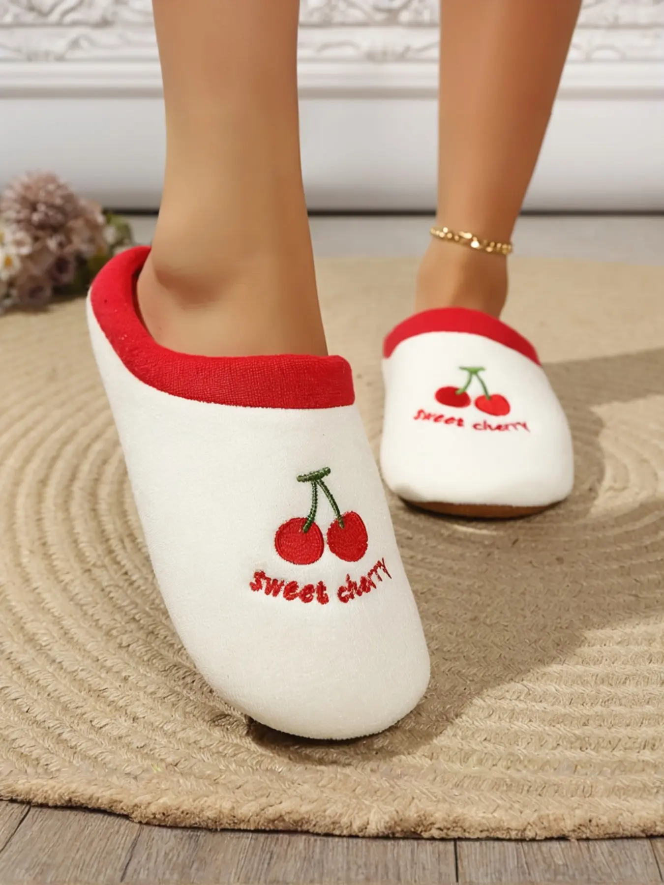 Women's Cherry Pattern Embroidered Slippers, Fall Winter Non-Slip Thick Sole, Indoor Soft Quiet Shoes, Casual Textile Material