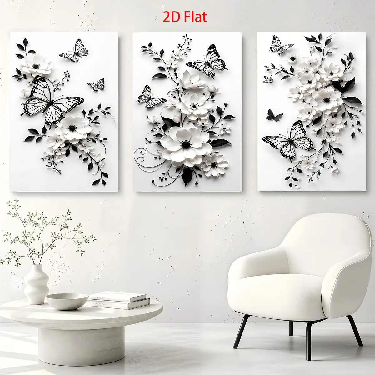 3-Piece 2D Flat Painting Set - 3D White Flower & Black Butterfly Canvas Wall Art, White Background, Waterproof Prints, Ready to Hang for Home Room Aesthetic Decor